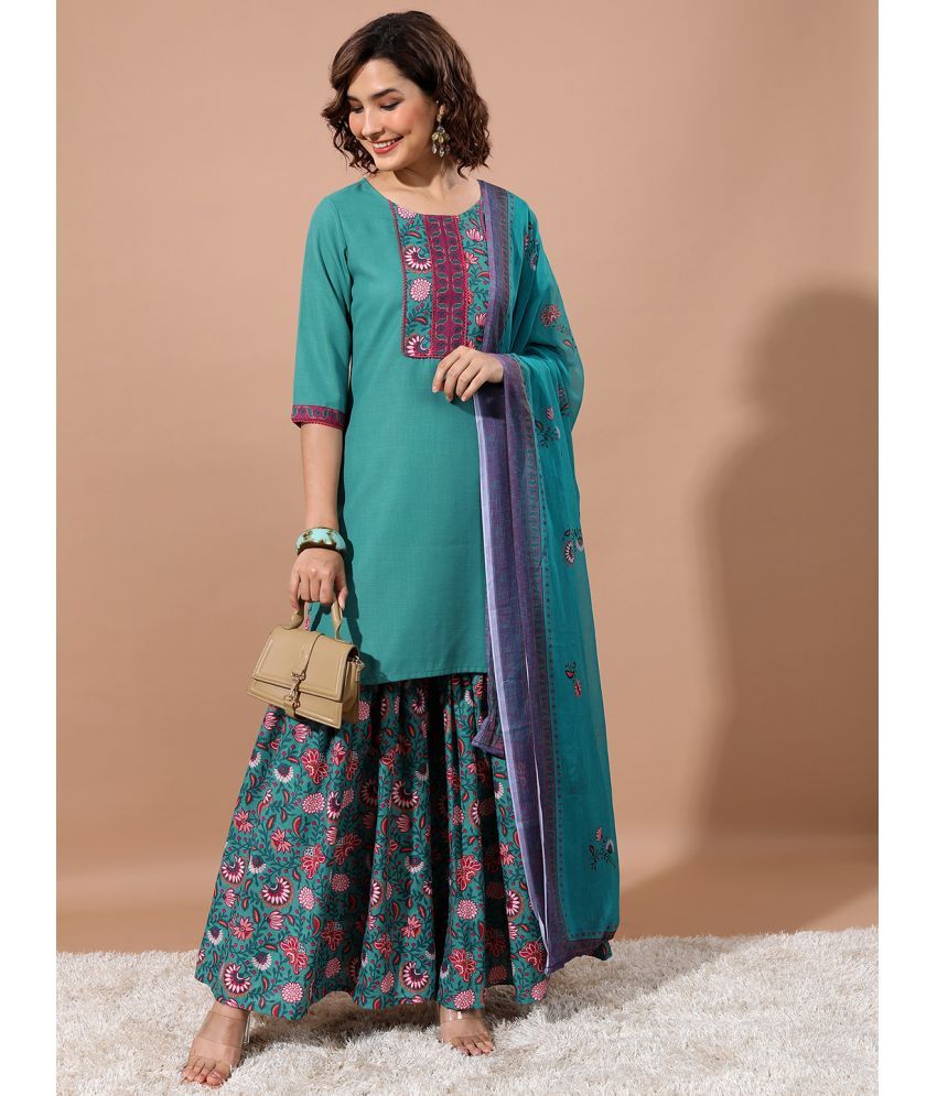     			Ketch Polyester Printed Kurti With Sharara And Gharara Women's Stitched Salwar Suit - Green ( Pack of 1 )