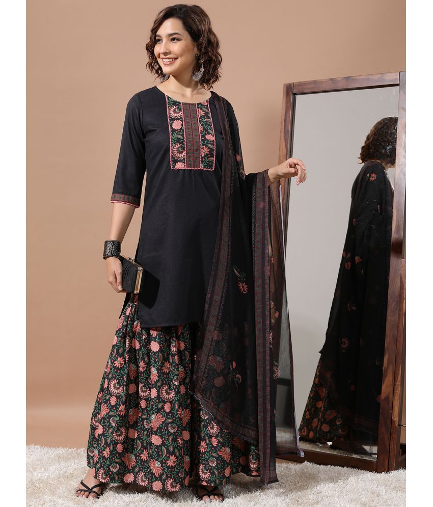     			Ketch Polyester Printed Kurti With Sharara And Gharara Women's Stitched Salwar Suit - Black ( Pack of 1 )