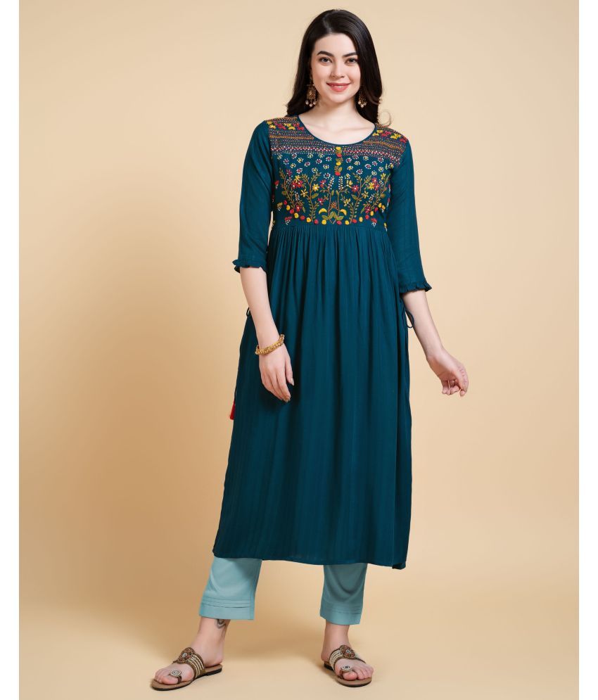     			MOJILAA Rayon Embroidered A-line Women's Kurti - Teal ( Pack of 1 )