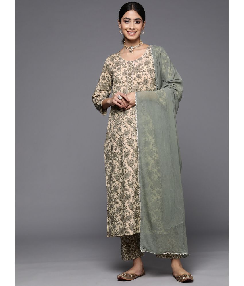     			Varanga Cotton Printed Kurti With Pants Women's Stitched Salwar Suit - Beige ( Pack of 1 )