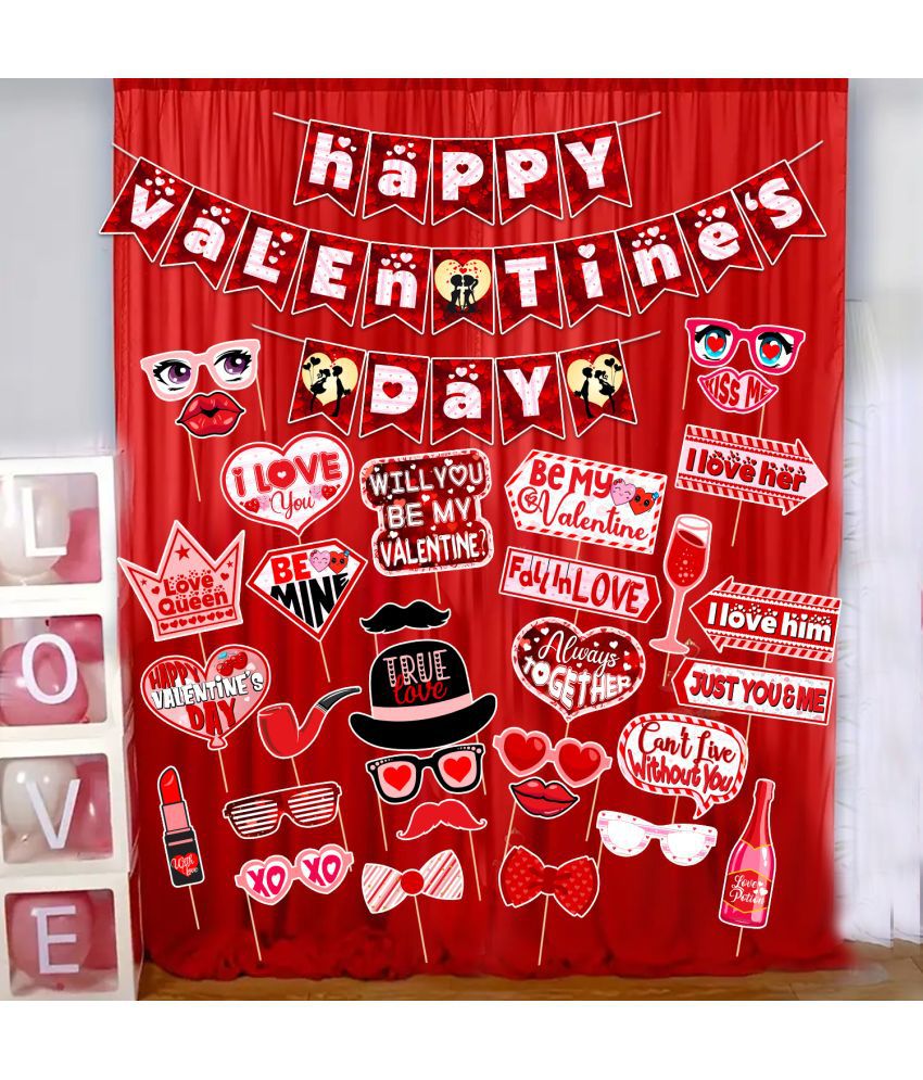     			Zyozi Valentines Day Decorations Combo Kit | Happy Valentines Day Decorations Set - Valentine’s Day Party Decorations Items - Banner, Photo Booth Props & Red Net Curtains (Pack Of 33)