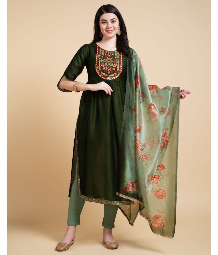     			MOJILAA Silk Embroidered Kurti With Pants Women's Stitched Salwar Suit - Green ( Pack of 1 )