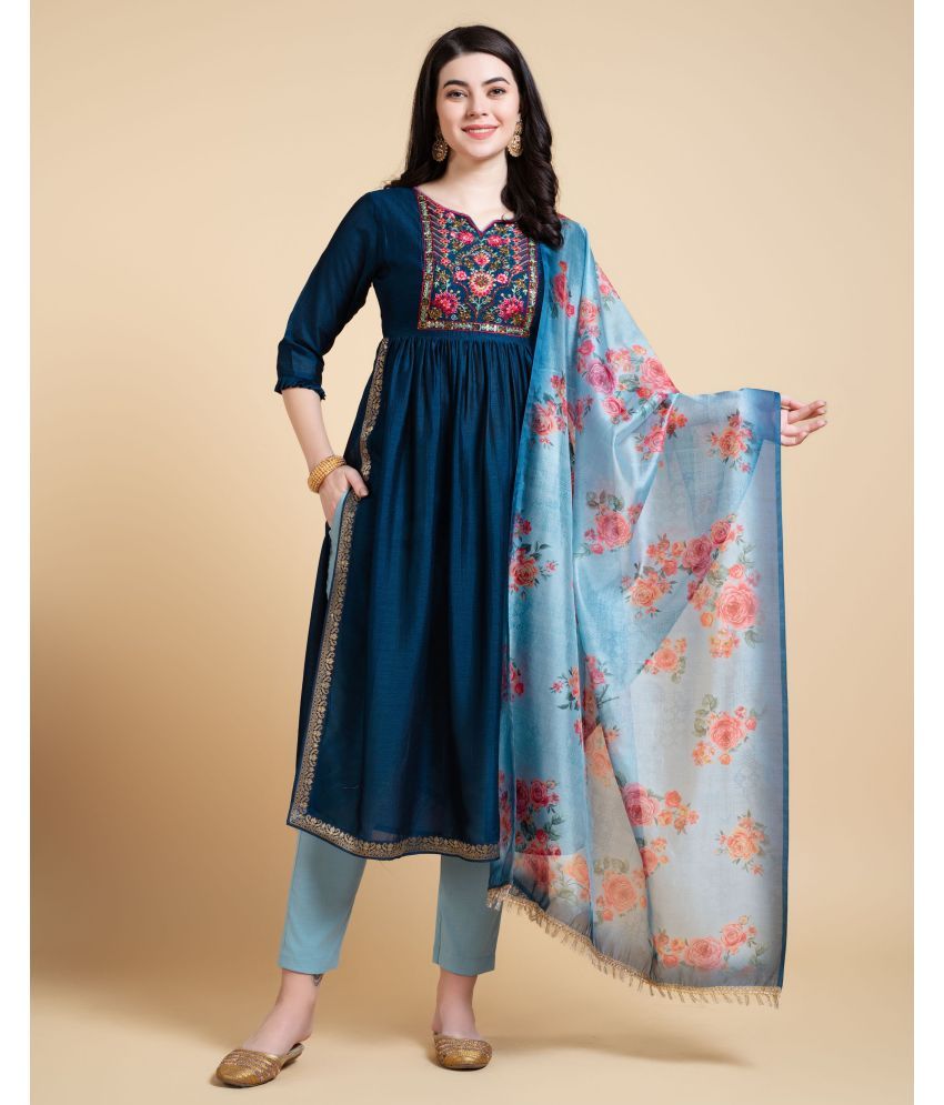     			MOJILAA Silk Embroidered Kurti With Pants Women's Stitched Salwar Suit - Teal ( Pack of 1 )