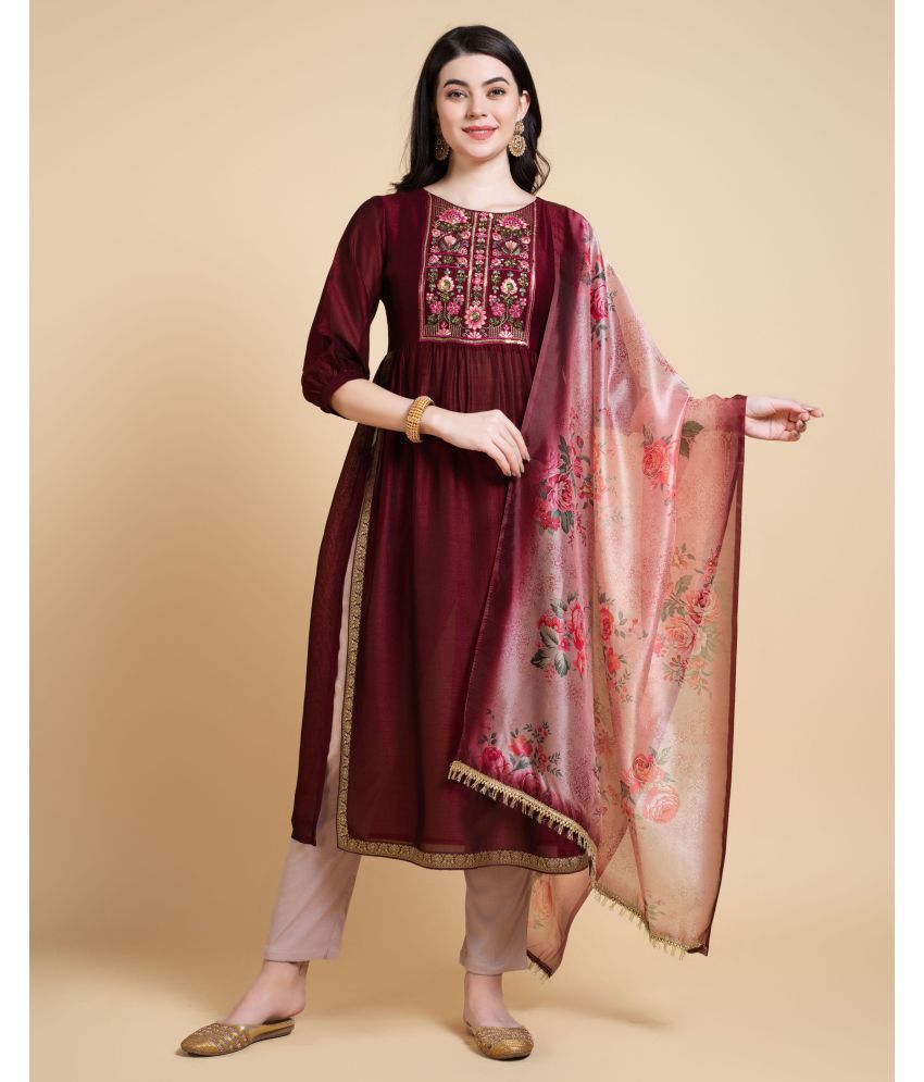     			MOJILAA Silk Embroidered Kurti With Pants Women's Stitched Salwar Suit - Maroon ( Pack of 1 )