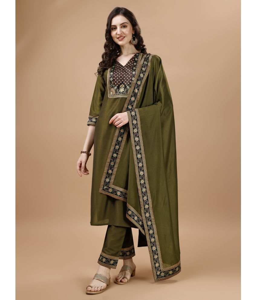     			MOJILAA Silk Printed Kurti With Pants Women's Stitched Salwar Suit - Olive ( Pack of 1 )