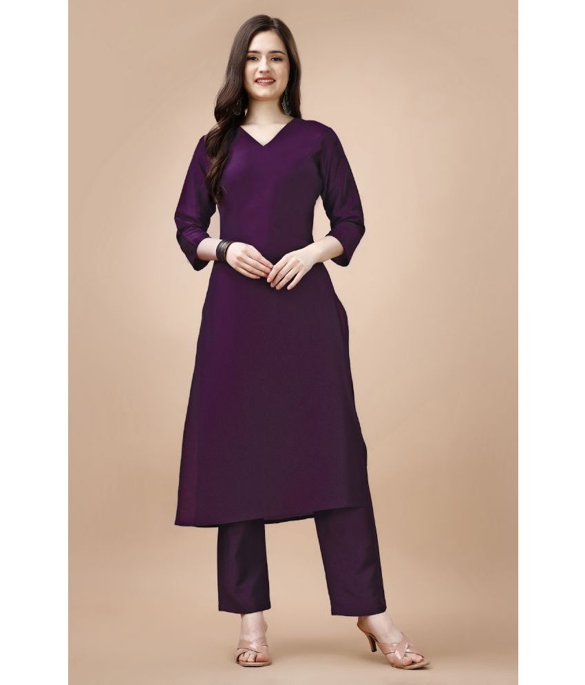     			MOJILAA Silk Solid Kurti With Pants Women's Stitched Salwar Suit - Purple ( Pack of 1 )