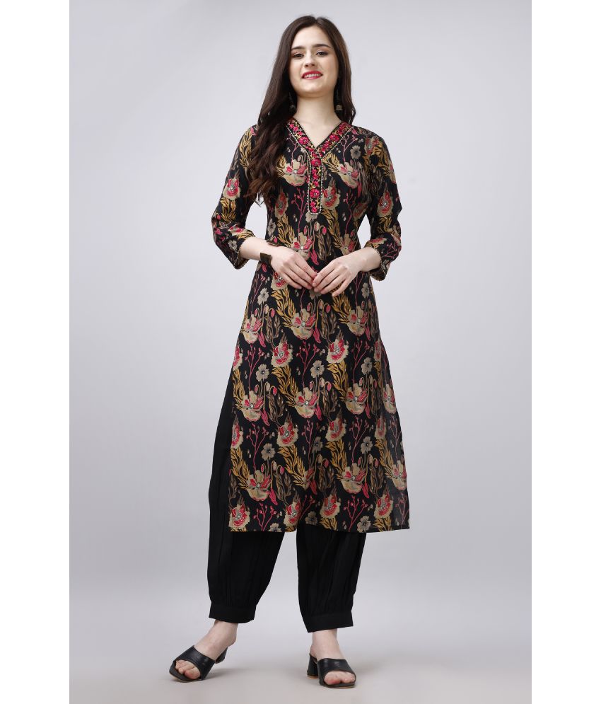     			MOJILAA Viscose Printed Kurti With Salwar Women's Stitched Salwar Suit - Black ( Pack of 1 )