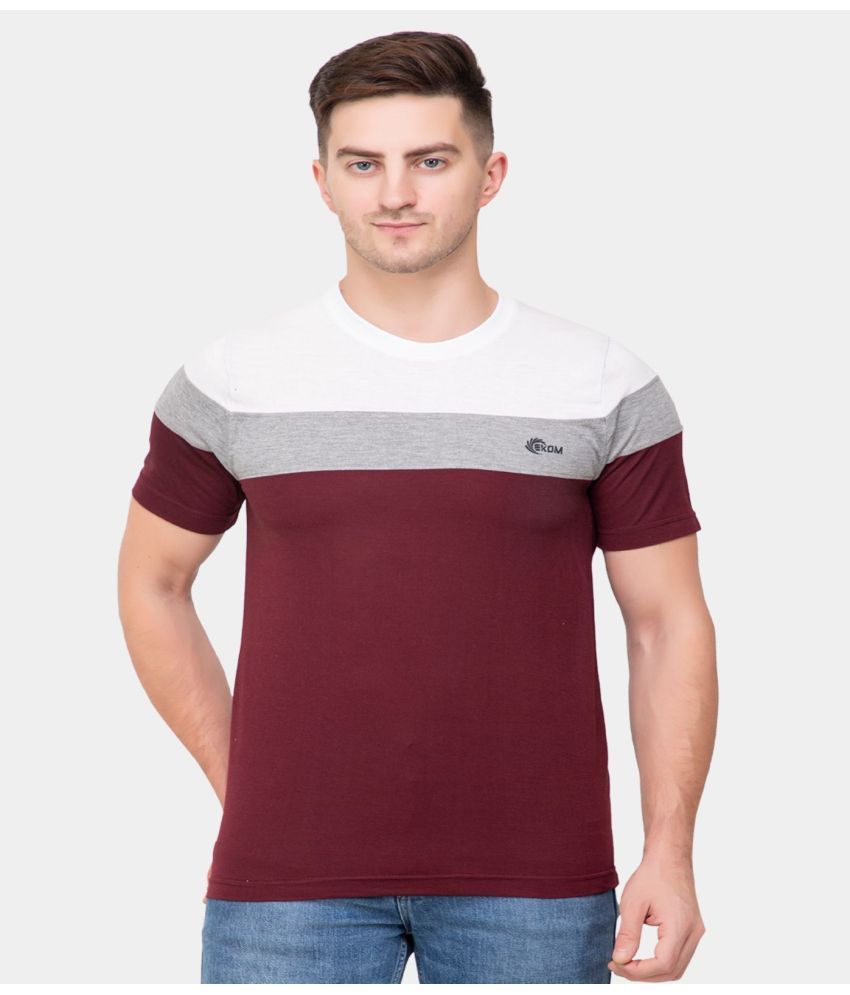     			EKOM Cotton Blend Regular Fit Colorblock Half Sleeves Men's T-Shirt - Wine ( Pack of 1 )