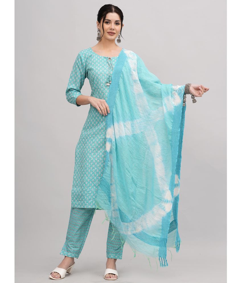     			JC4U Cotton Printed Kurti With Pants Women's Stitched Salwar Suit - Turquoise ( Pack of 1 )