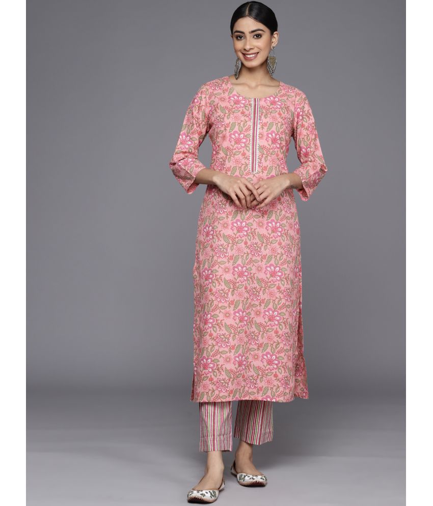     			Varanga Cotton Printed Kurti With Pants Women's Stitched Salwar Suit - Pink ( Pack of 1 )