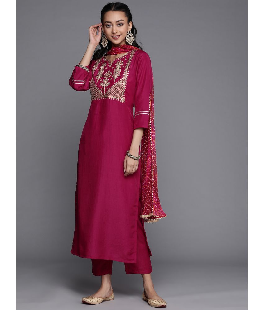     			Varanga Silk Blend Self Design Kurti With Pants Women's Stitched Salwar Suit - Magenta ( Pack of 1 )