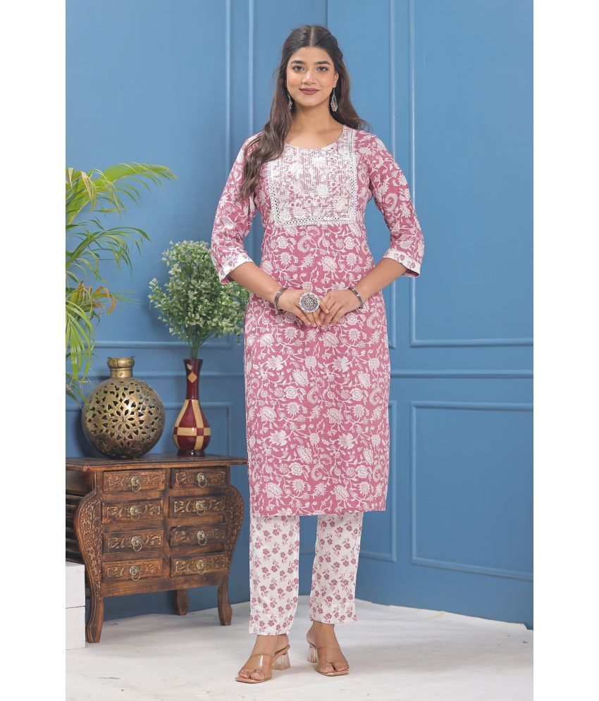     			AAYUFAB Rayon Printed Kurti With Pants Women's Stitched Salwar Suit - Pink ( Pack of 1 )