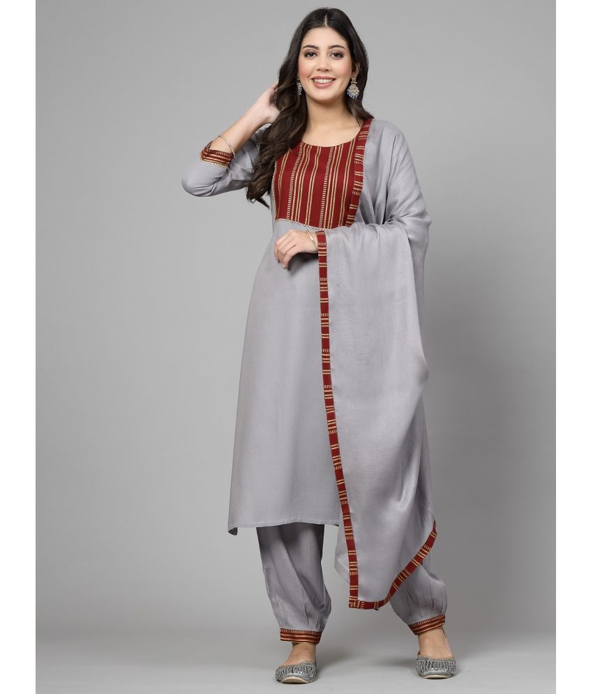     			Glorious Rayon Striped Kurti With Pants Women's Stitched Salwar Suit - Grey ( Pack of 1 )