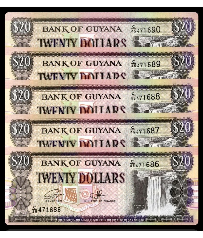     			Guyana 20 Dollars Consecutive Serial 5 Notes in Top Grade Gem UNC