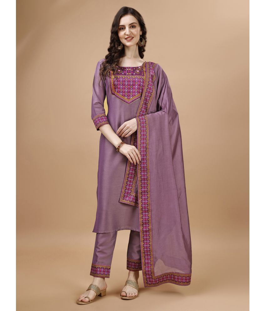     			MOJILAA Silk Printed Kurti With Pants Women's Stitched Salwar Suit - Mauve ( Pack of 1 )