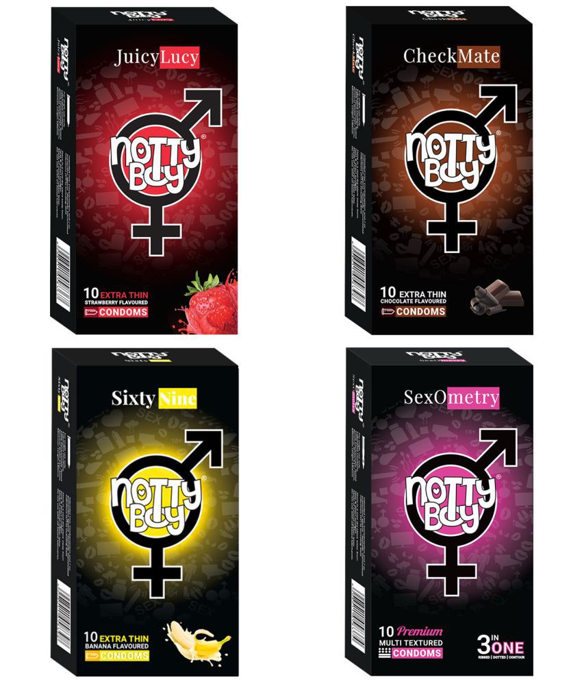     			NottyBoy Combo Pack Chocolate, Strawberry, Banana, Flavoured and 3 IN 1 Ribbed, Dotted,  Contour, Condoms For Men- 40 Units