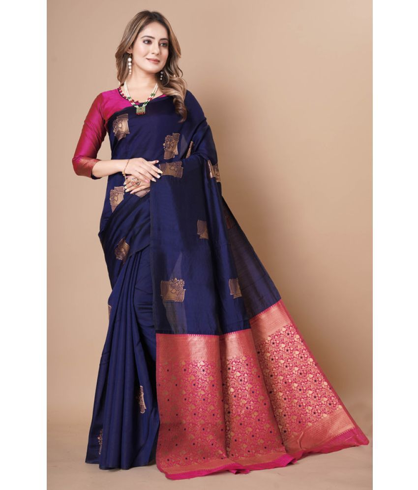     			Surat Textile Co Banarasi Silk Woven Saree With Blouse Piece - Blue ( Pack of 1 )