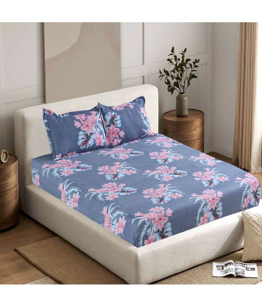     			Welhouse India Cotton Floral 1 Double Bedsheet with 2 Pillow Covers - Blue