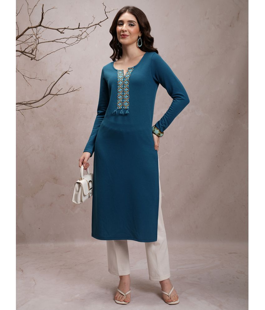     			Ketch Polyester Embroidered Straight Women's Kurti - Blue ( Pack of 1 )