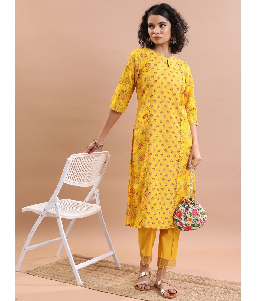     			Ketch Polyester Printed Straight Women's Kurti - Yellow ( Pack of 1 )