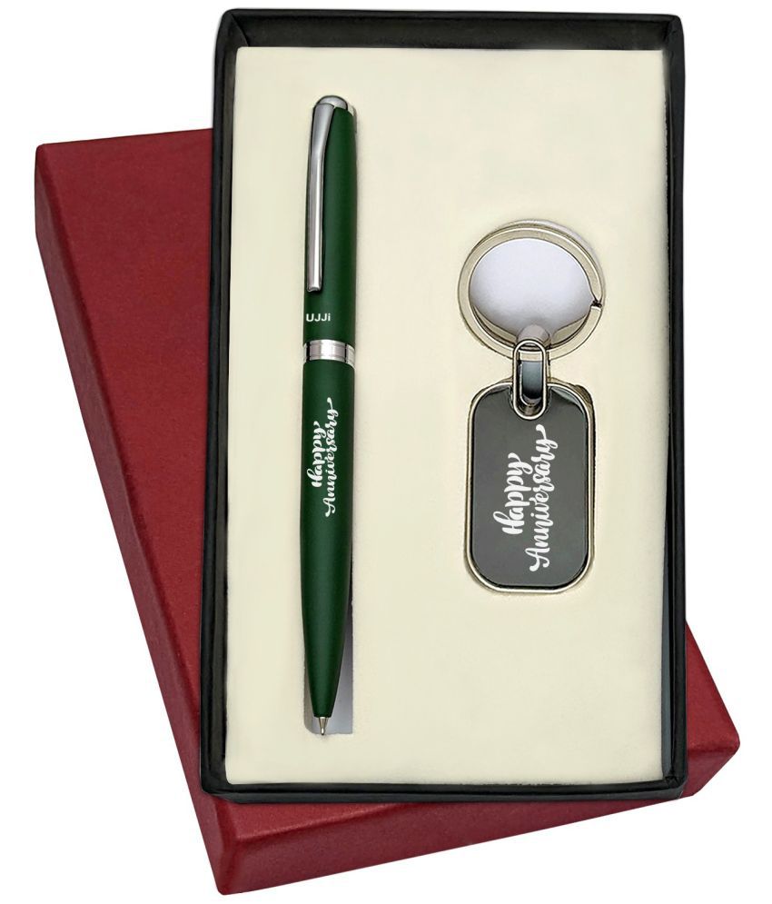     			UJJi 2in1 Happy Anniversary Printed Matte Finish Green Colour Ballpen and Keychain