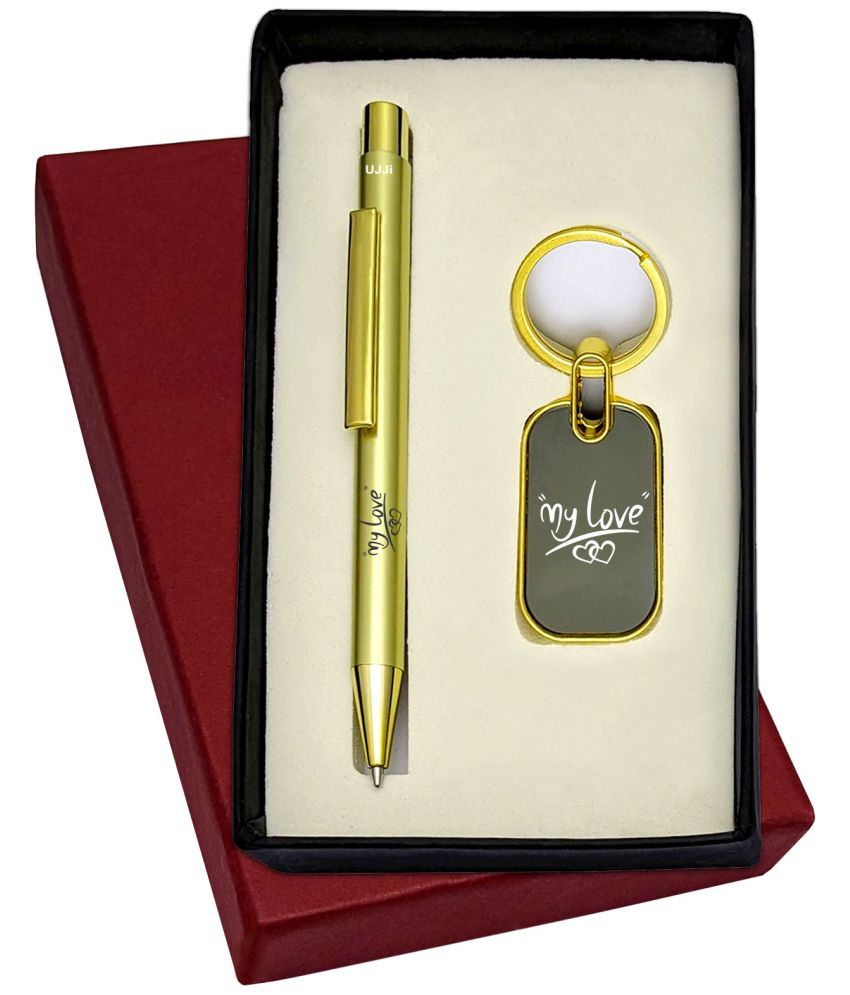     			UJJi 2in1 Happy Married Life Set in Shiny Gold Color Retractable Pen & Metal Keychain