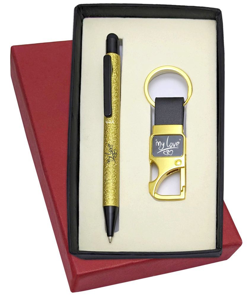     			UJJi 2in1 My Love Set in Golden Texured Design Pen with Stylus and Hook Keychain