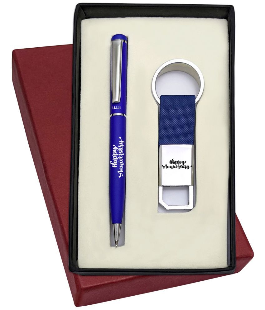    			UJJi Happy Anniversary Printed Slim Design Blue Color Metal Ball Pen & Hook Keychain