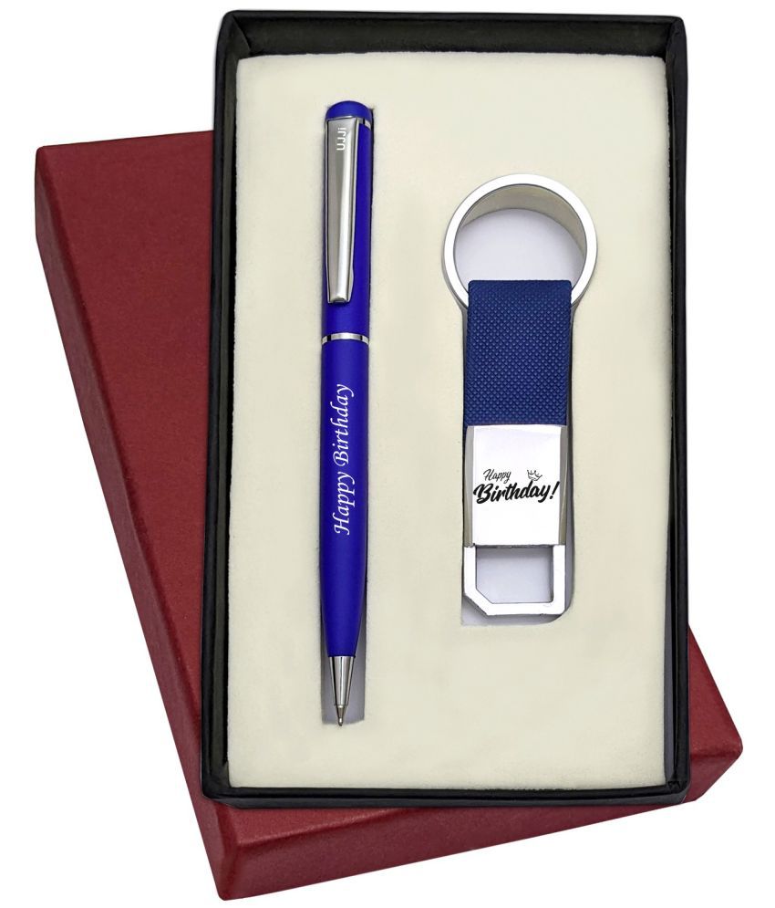     			UJJi Happy Birthday Printed Slim Design Blue Color Metal Ball Pen & Hook Keychain