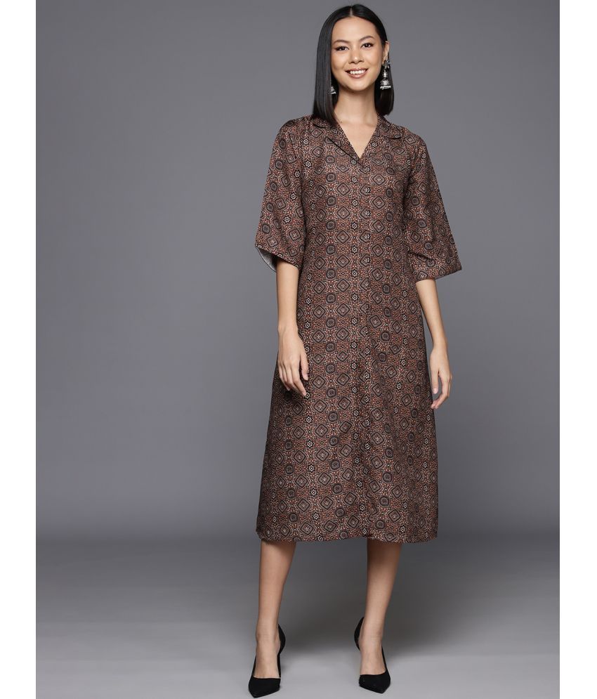     			Varanga Viscose Printed Midi Women's A-line Dress - Brown ( Pack of 1 )