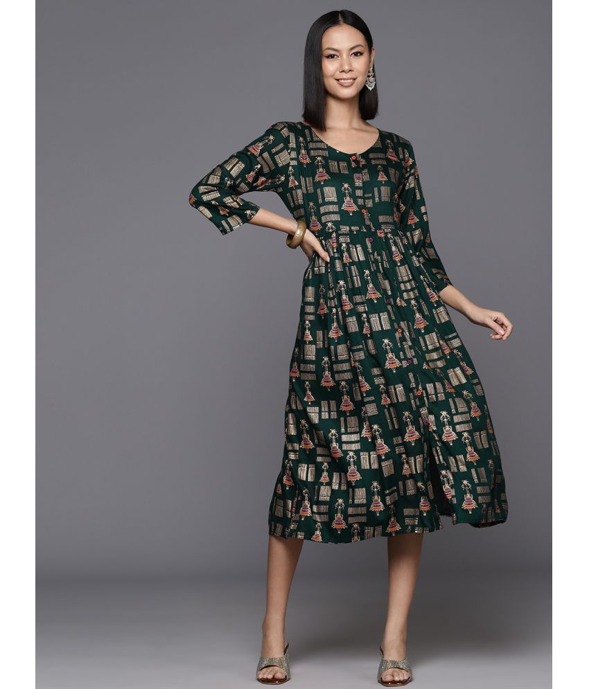     			Varanga Viscose Printed Midi Women's A-line Dress - Green ( Pack of 1 )