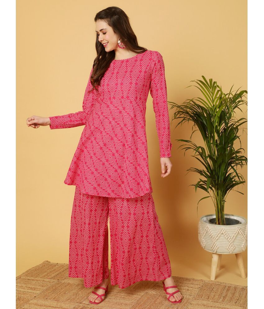     			Antaran Cotton Printed Kurti With Pants Women's Stitched Salwar Suit - Magenta ( Pack of 1 )