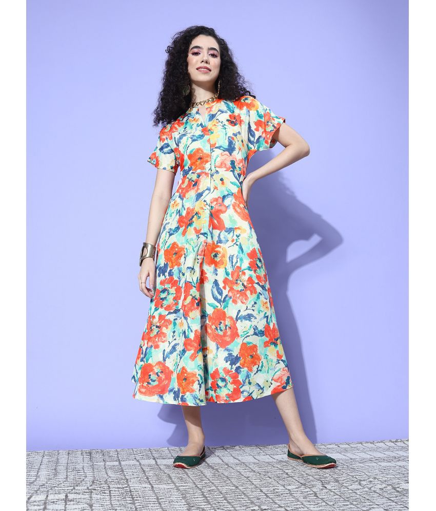     			Varanga Cotton Printed Midi Women's A-line Dress - Cream ( Pack of 1 )