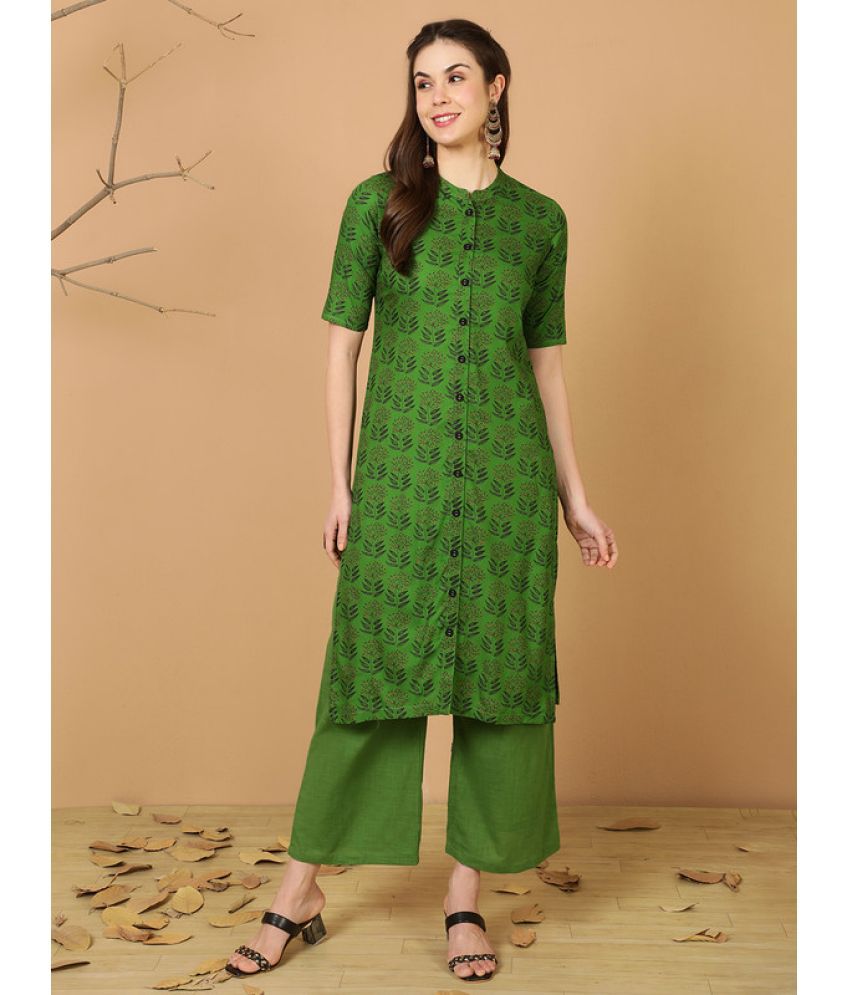     			Antaran Cotton Printed Kurti With Pants Women's Stitched Salwar Suit - Green ( Pack of 1 )