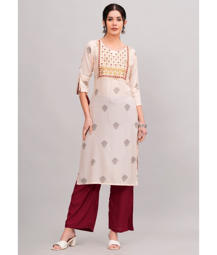     			MAUKA Rayon Embroidered Kurti With Palazzo Women's Stitched Salwar Suit - Cream ( Pack of 1 )