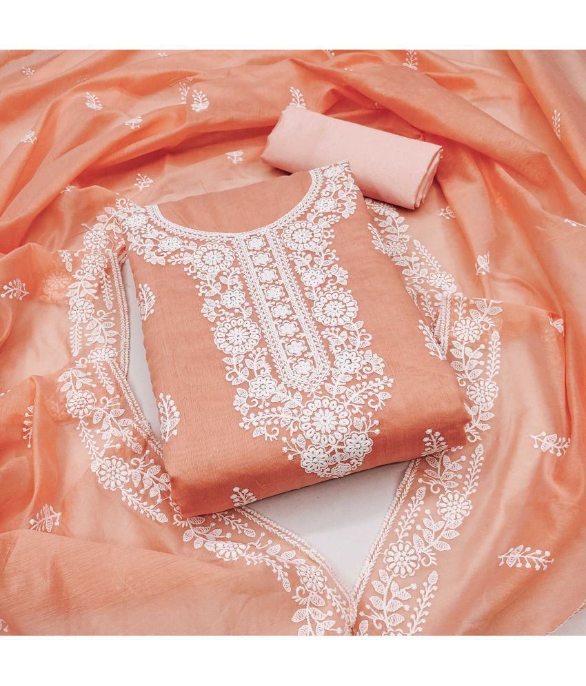     			pandadi saree Unstitched Chanderi Embroidered Dress Material - Orange ( Pack of 1 )