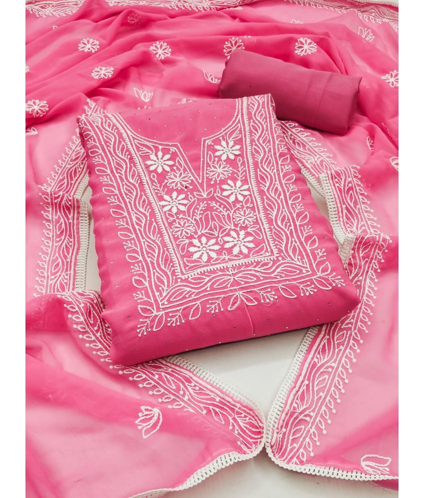     			pandadi saree Unstitched Georgette Embroidered Dress Material - Pink ( Pack of 1 )