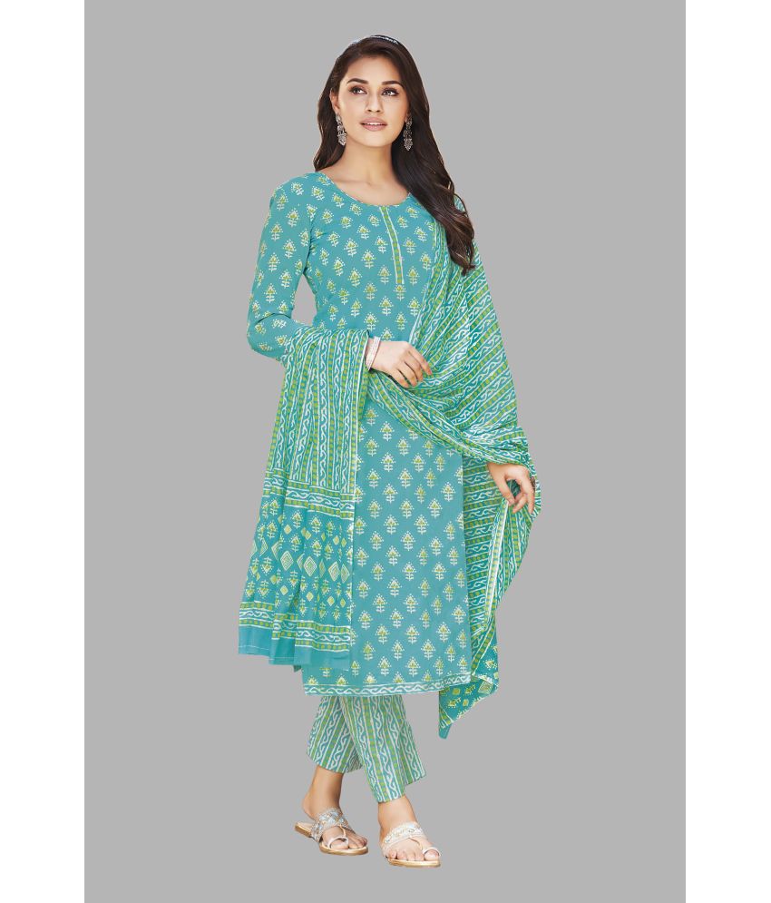     			shree jeenmata collection Cotton Printed Kurti With Pants Women's Stitched Salwar Suit - Light Blue ( Pack of 1 )