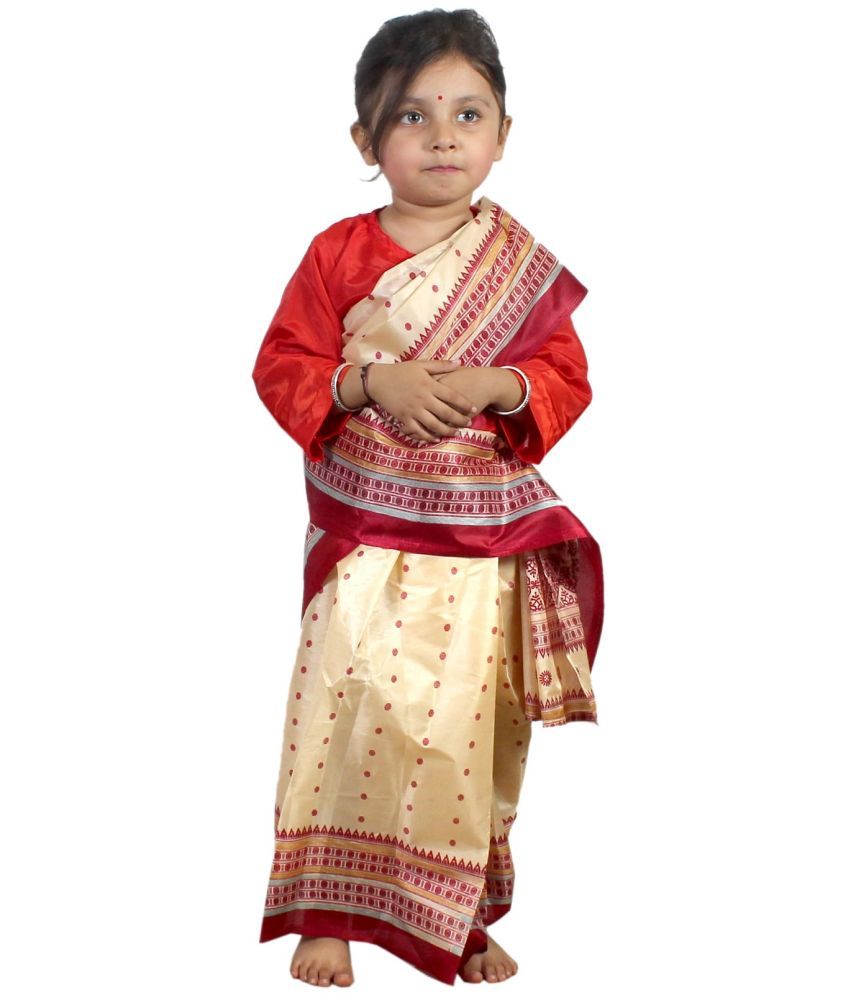     			Kaku Fancy Dresses Indian Ethnic Cream Color Saree Costume for Kids - For Girls