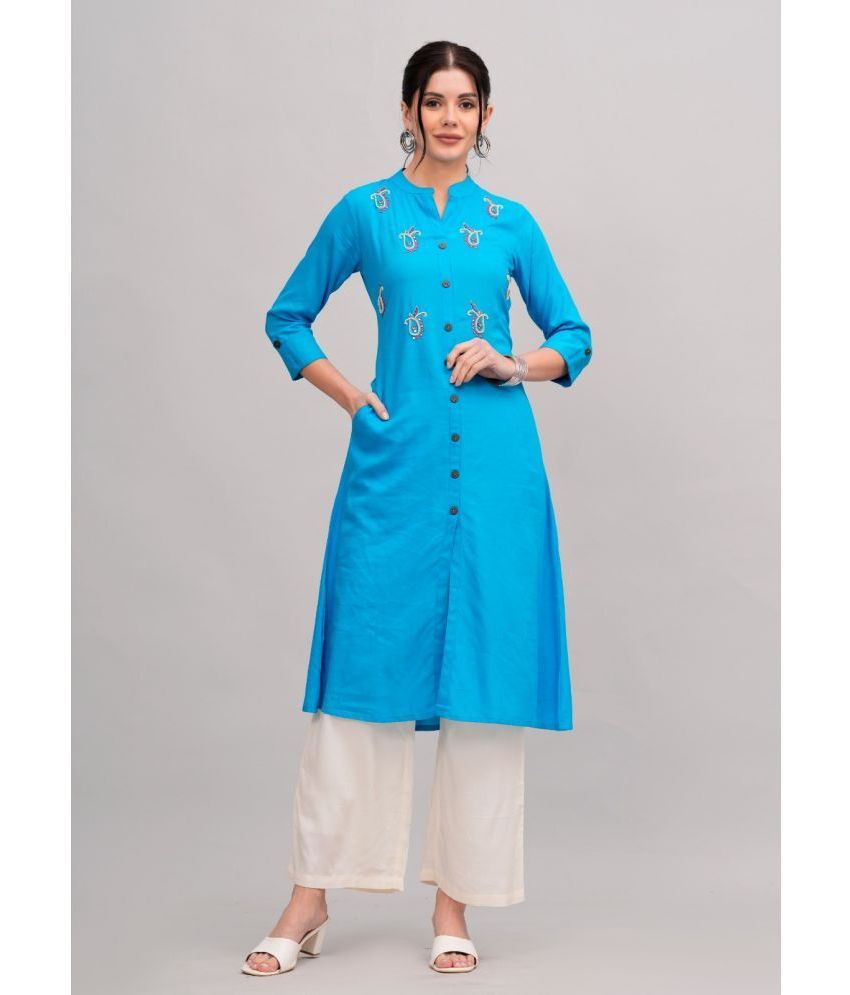     			MAUKA Rayon Embellished Kurti With Palazzo Women's Stitched Salwar Suit - Blue ( Pack of 1 )