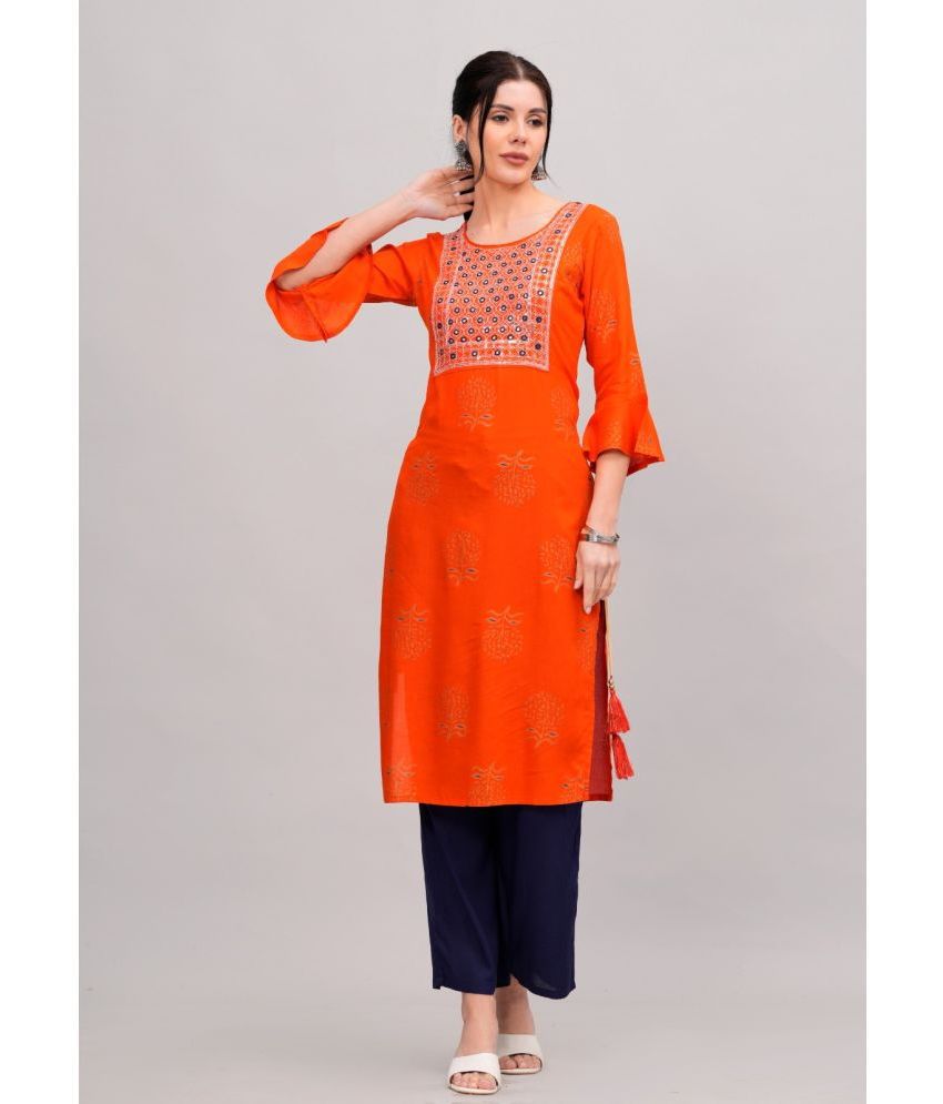     			MAUKA Rayon Embroidered Kurti With Palazzo Women's Stitched Salwar Suit - Orange ( Pack of 1 )