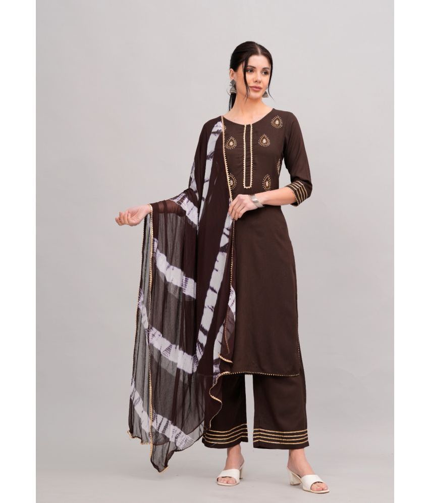     			MAUKA Rayon Embroidered Kurti With Palazzo Women's Stitched Salwar Suit - Brown ( Pack of 1 )