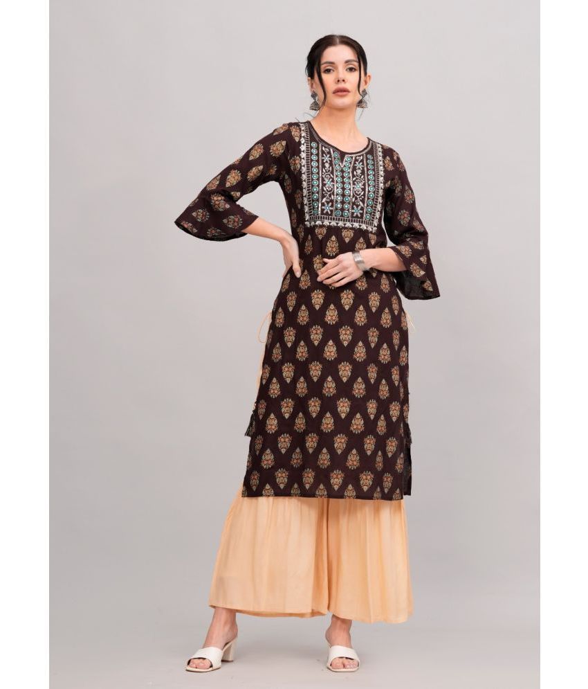     			MAUKA Rayon Embroidered Kurti With Sharara And Gharara Women's Stitched Salwar Suit - Brown ( Pack of 1 )