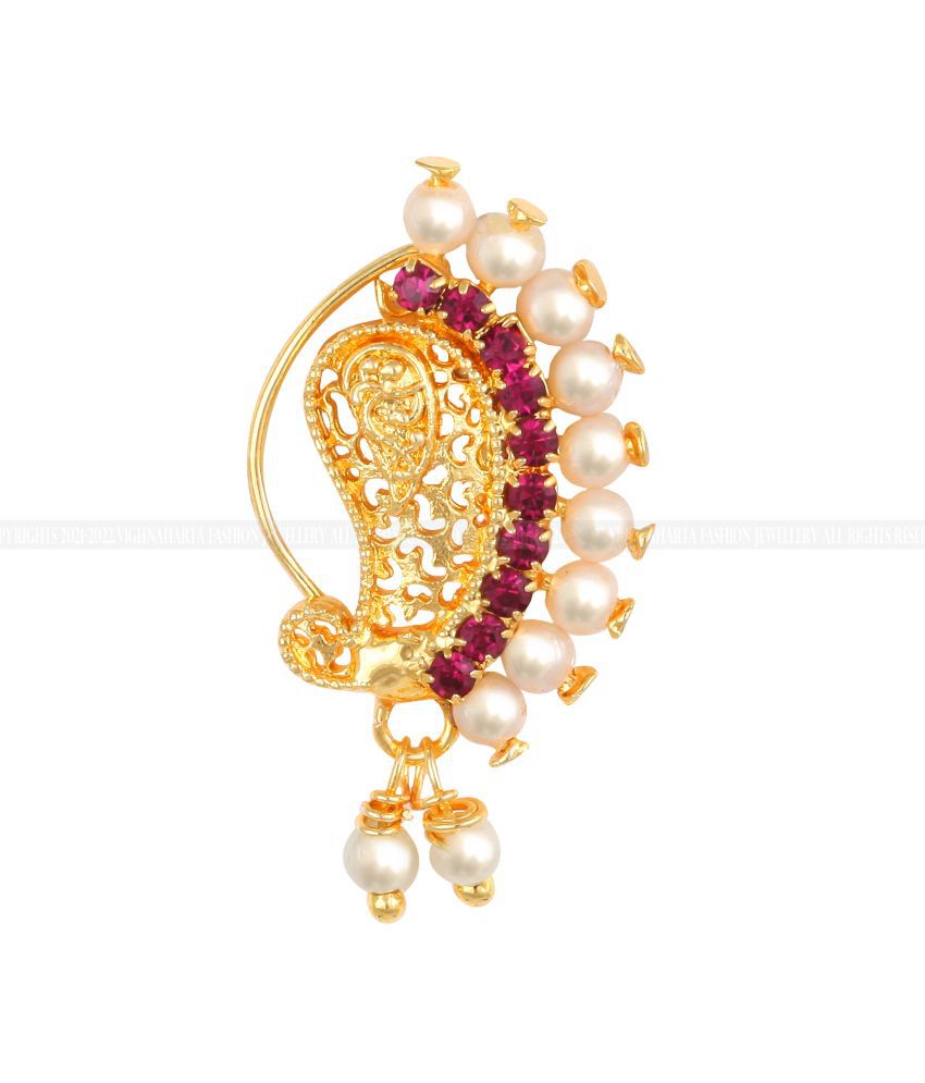     			Vivastri Gold Plated Red Stone with Peals Alloy Maharashtrian Nath Nathiya./ Nose Pin for Women &Girls VIVA1017NTH-Press