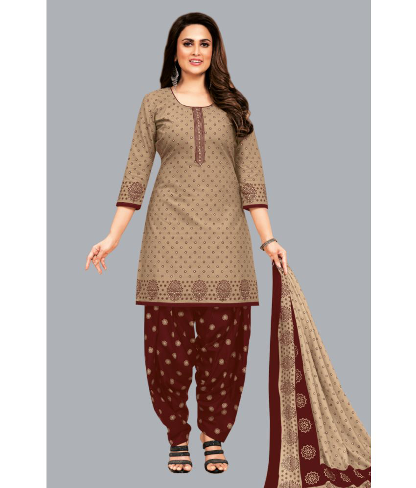     			SIMMU Cotton Printed Kurti With Patiala Women's Stitched Salwar Suit - Brown ( Pack of 1 )
