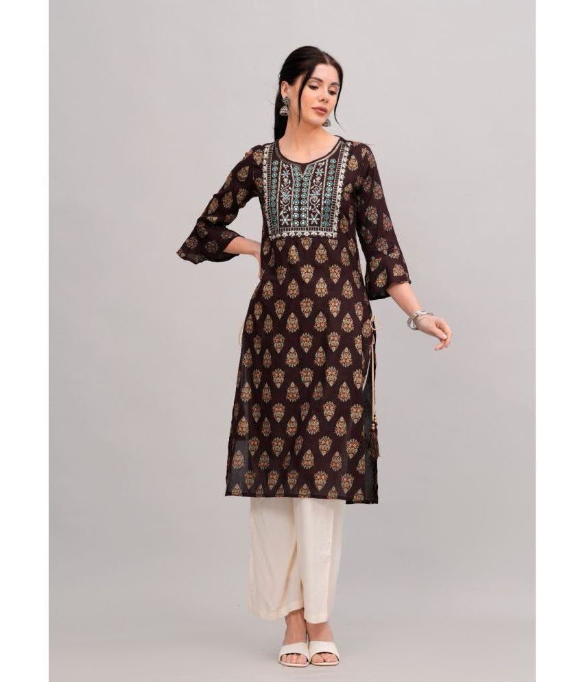     			MAUKA Rayon Embroidered Kurti With Palazzo Women's Stitched Salwar Suit - Brown ( Pack of 1 )