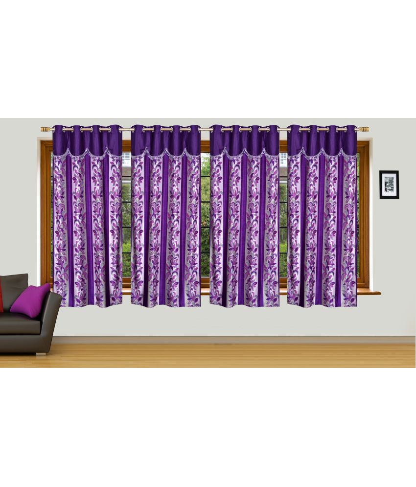     			Stella Creations Floral Semi-Transparent Eyelet Curtain 7 ft ( Pack of 2 ) - Purple