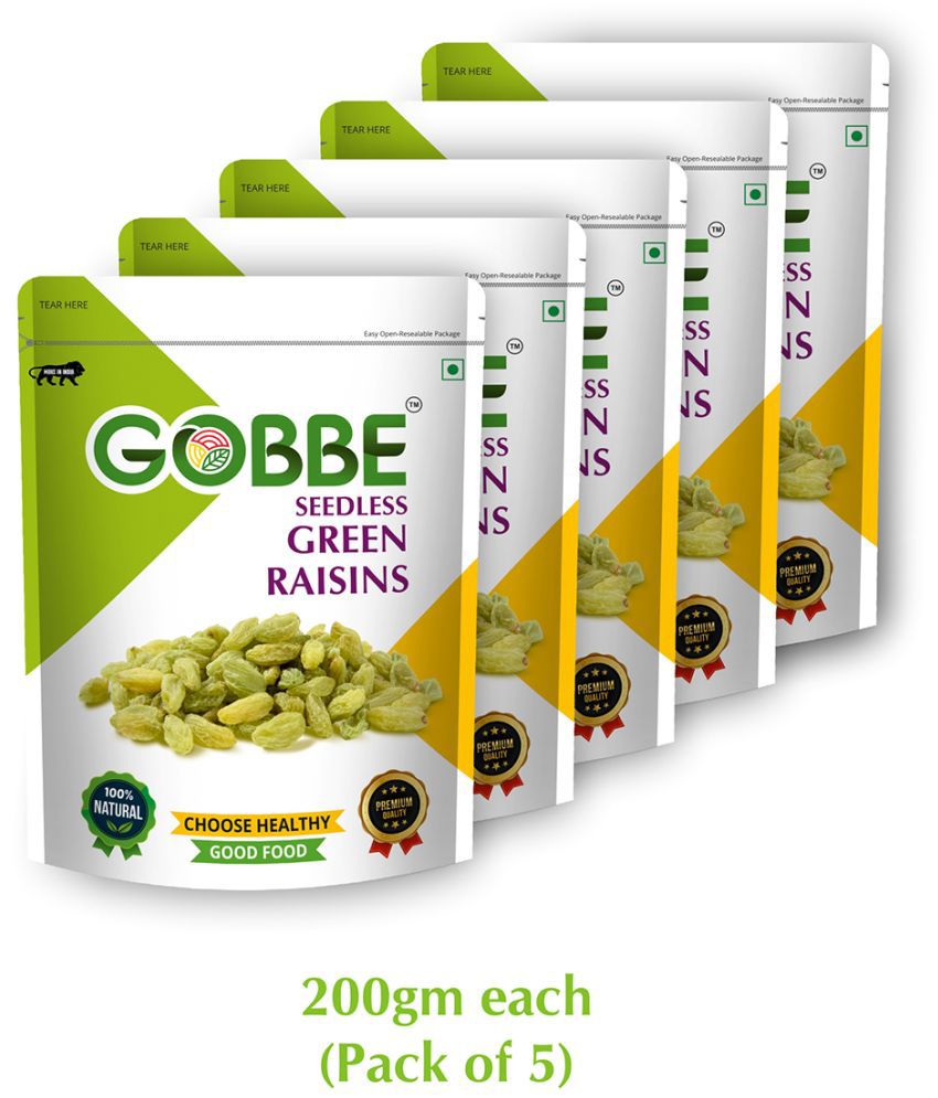     			GOBBE Premium Green Raisins | Dry Fruits | Seedless Green Kishmish | Healthy and Tasty Snacks - 1Kg (200*5) (Pack of 5)