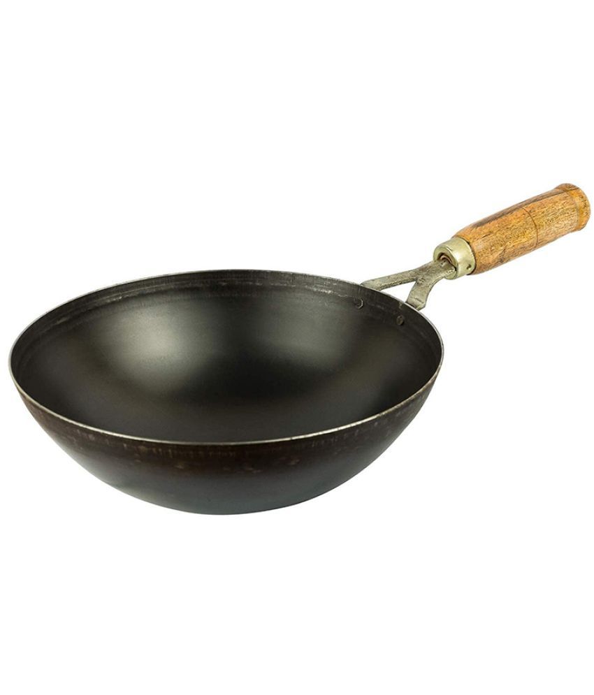     			HOMETALES Iron Cookware Deep Frying Kadhai | Wok with wooden handle, (1.5) L, 2 mm Thickness