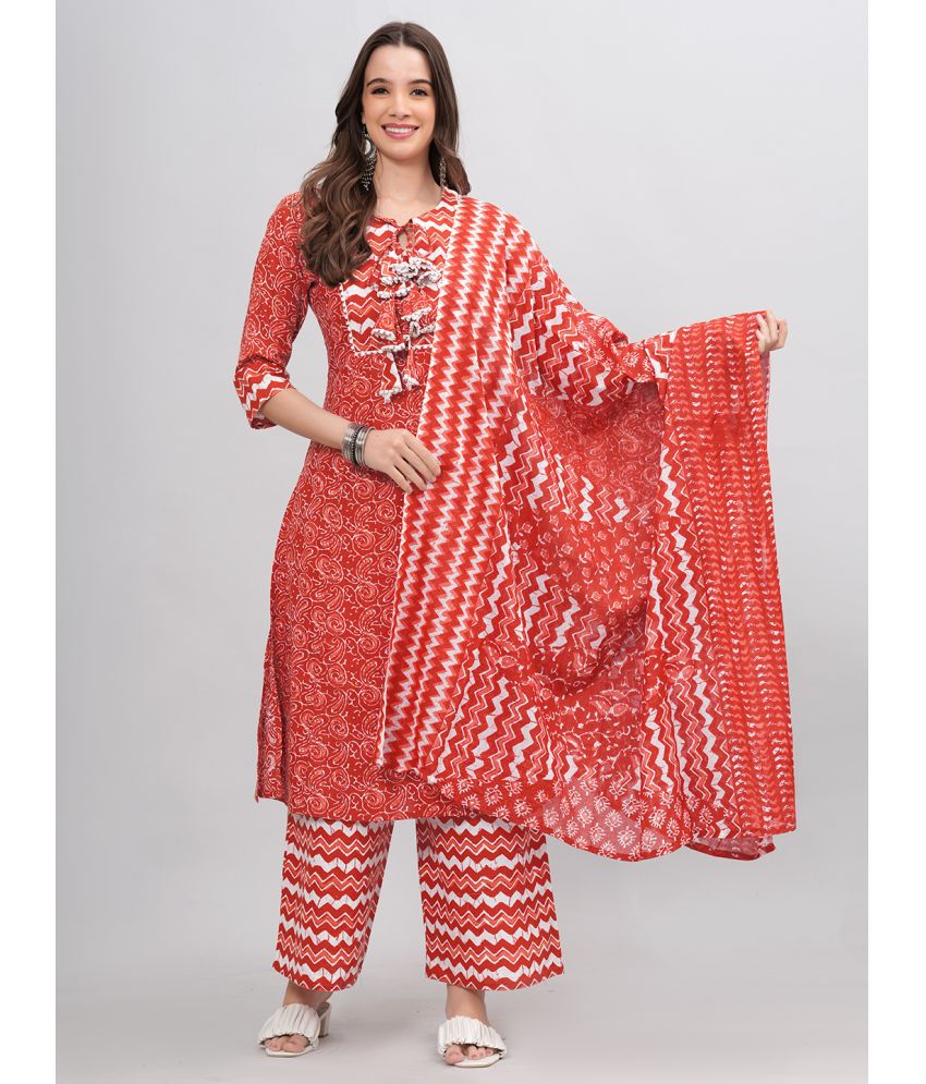     			JC4U Cotton Printed Kurti With Palazzo Women's Stitched Salwar Suit - Red ( Pack of 1 )